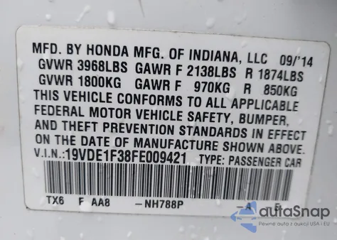 2015 Acura Ilx 2.0L z USA, uszkodzony, nr VIN 19VDE1F38FE009421